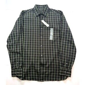 NWT Perry Ellis Portfolio Men's Medium Shirt Black Lime Green Plaid Button Down